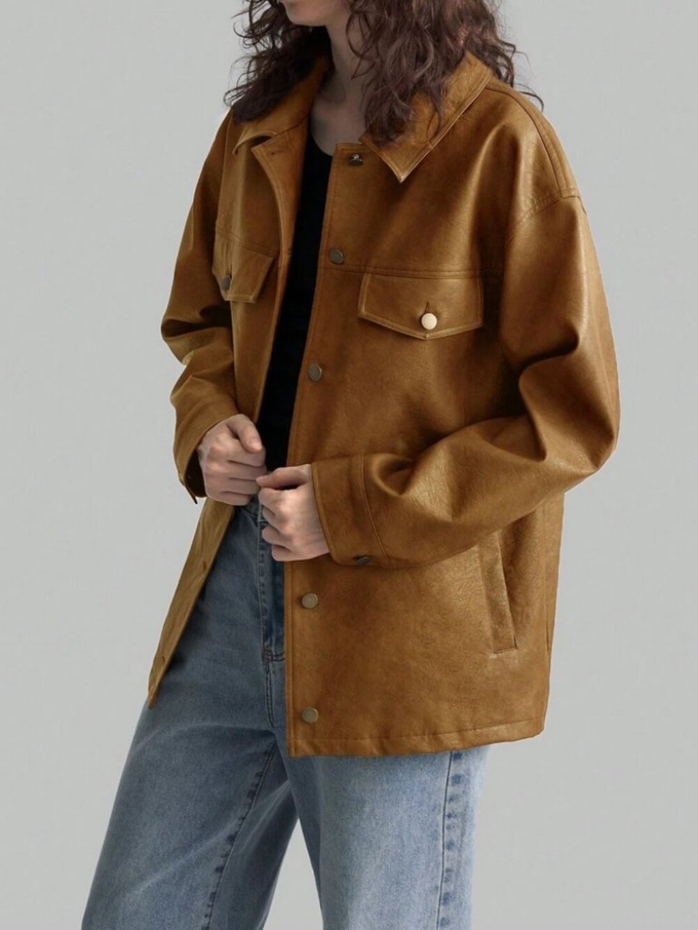 Camel Faux Leather Snap Front Jacket with Flap Pockets - Picture 6 of 9